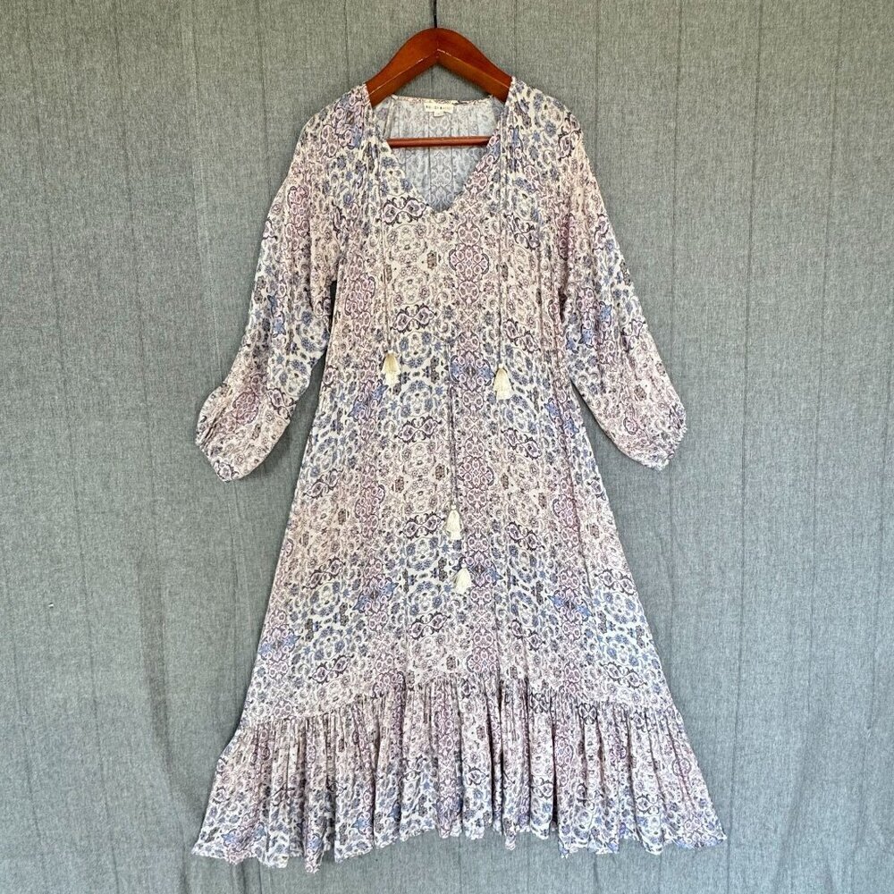 Roller Rabbit Odila Odaya Filigree Print Long Sleeves Tiered Maxi Dress Small